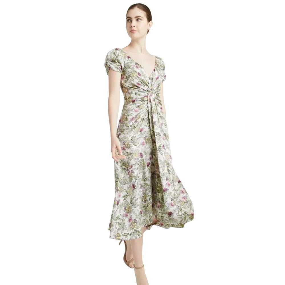 Cinq a Sept Walker Floral Twist Front Ruched Midi Dress Womens Designer Coquette